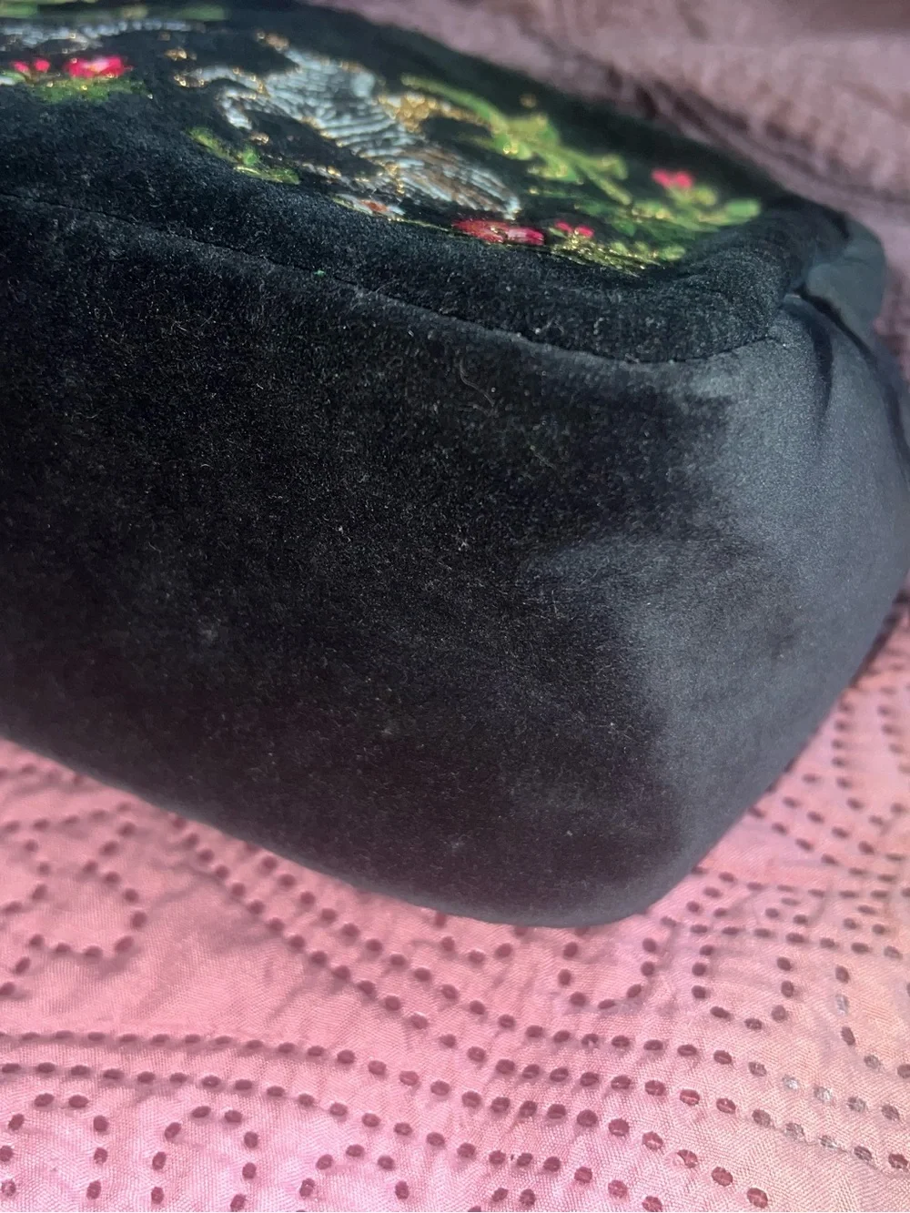 Embroidered Black Velvet Zebra Cosmetic case with Tropical Motif